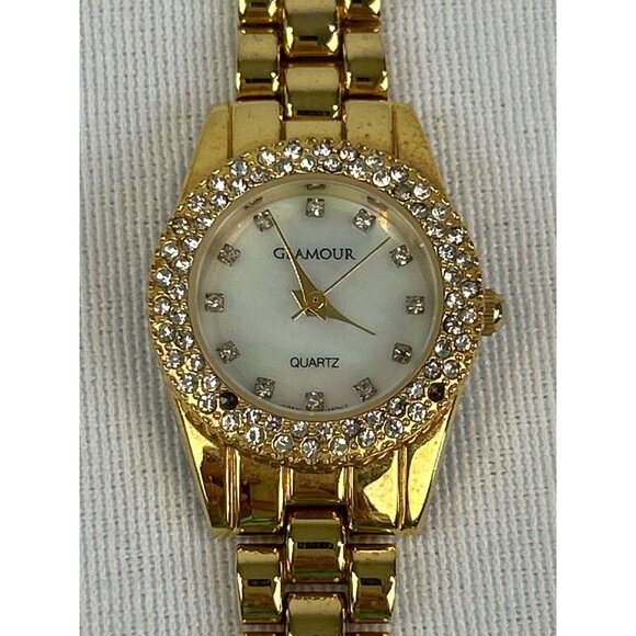 Glamour Accessories - Vintage Glamour Womens Gold Tone Quartz Watch Rhinestone Bezel Stainless Steel B